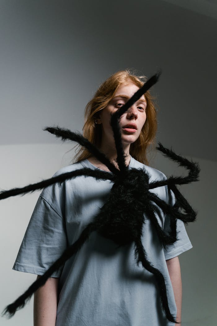 A woman faces a large spider, illustrating themes of fear and phobia.